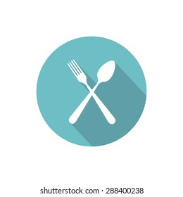 Crossed fork and spoon isolated vector flat round icon with long shadow