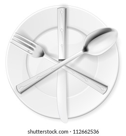 Crossed fork, spoon and knife on white plate