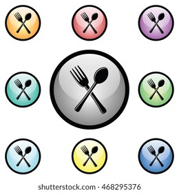 Crossed Fork & Spoon Silverware Icon Glass Button Set
