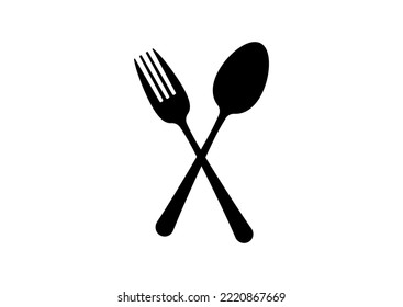 Cubierta cruzada y icono de la cuchara vectorial de color negro diseño simple y plano aislado sobre fondo blanco. Cuchara y tenedor de la mesa de la silueta oscura de la vista superior. Ilustración del símbolo de vectores de cocina.