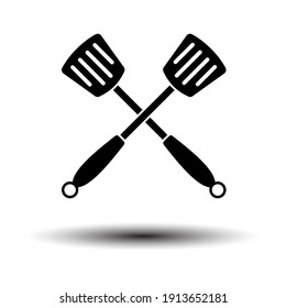 Crossed Frying Spatula. Black on White Background With Shadow. Vector Illustration.