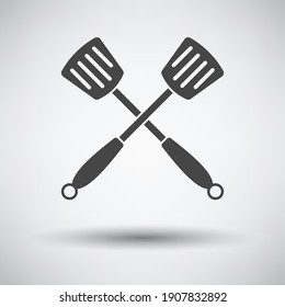Crossed Frying Spatula. Dark Gray on Gray Background With Round Shadow. Vector Illustration.