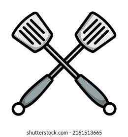Crossed Frying Spatula. Editable Bold Outline With Color Fill Design. Vector Illustration.