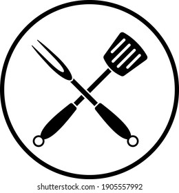 Crossed Frying Spatula And Fork Icon. Thin Circle Stencil Design. Vector Illustration.