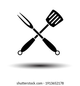 Crossed Frying Spatula And Fork Icon. Black on White Background With Shadow. Vector Illustration.