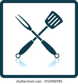 Crossed Frying Spatula And Fork Icon. Square Shadow Reflection Design. Vector Illustration.