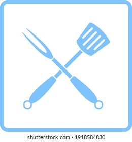 Crossed Frying Spatula And Fork Icon. Blue Frame Design. Vector Illustration.
