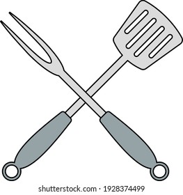 Crossed Frying Spatula And Fork Icon. Editable Outline With Color Fill Design. Vector Illustration.