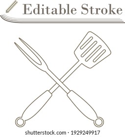 Crossed Frying Spatula And Fork Icon. Editable Stroke Simple Design. Vector Illustration.
