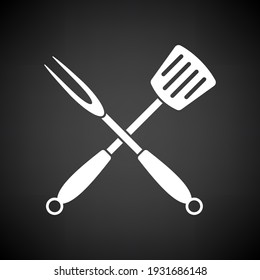 Crossed Frying Spatula And Fork Icon. White on Black Background. Vector Illustration.