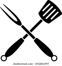 Espátula De Frying Cruzada E Icono De La Horquilla. Diseño de esténcil negro. Ilustración vectorial.