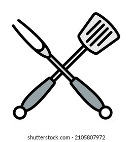 Crossed Frying Spatula And Fork Icon. Editable Bold Outline With Color Fill Design. Vector Illustration.