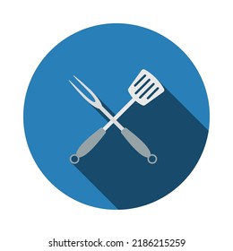 Crossed Frying Spatula And Fork Icon. Flat Color Design. Vector Illustration.