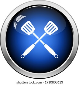 Crossed Frying Spatula. Glossy Button Design. Vector Illustration.