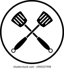 Crossed Frying Spatula. Thin Circle Stencil Design. Vector Illustration.