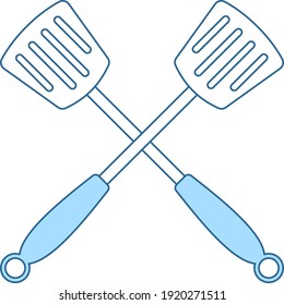 Crossed Frying Spatula. Thin Line With Blue Fill Design. Vector Illustration.