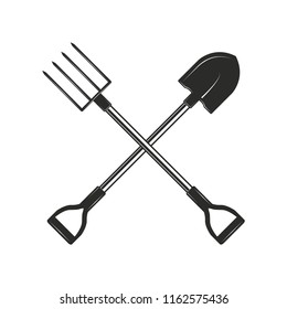 Crossed gardening and farming tools isolated on white background. Shovel and garden forks in monochrome style. Vector illustration.