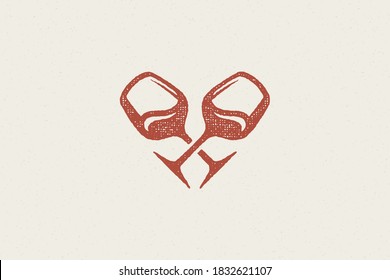 Crossed glasses with wine silhouettes hand drawn stamp effect vector illustration. Vintage grunge texture emblem for package and menu design or label decoration.