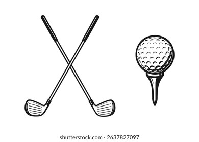 Crossed Golf Clubs and Golf Ball on Tee Vector Illustration on White Backdrop