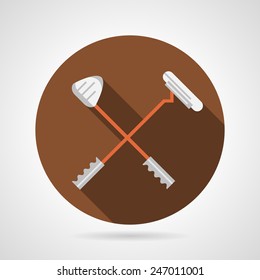 Crossed golf clubs flat vector icon. Flat round brown vector icon with crossed golf clubs with wooden rack on gray background. Long shadow design.