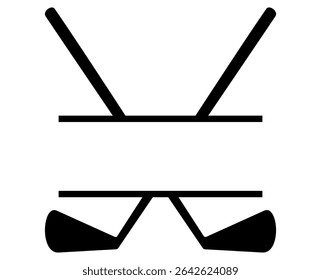 Crossed golf clubs with horizontal line for monogram space in black silhouette. Clipart image.