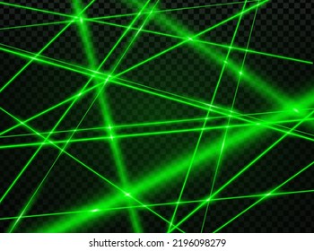 Crossed Green Laser Beam Lights. Abstract Vector Background With Neon Glowing Rays. Night Club Illumination, Bank Security Protection Net, Laser Lines And Flare Flash On Transparent Backdrop