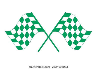 Crossed Green and white checkered racing flags. Special version of the end of session flag in certain races, displayed at finish line, and used as prize, photographed together with winner and trophy.