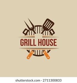 Crossed grill tools fork spatula barbecue house steak restaurant symbol Vector logo template