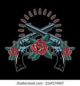 Armas cruzadas con rosas. Elemento de diseño para afiche, tarjeta, pancarta, emblema, signo. Ilustración del vector
