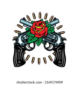 Armas cruzadas con rosas. Elemento de diseño para afiche, tarjeta, pancarta, emblema, signo. Ilustración del vector