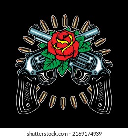 Armas cruzadas con rosas. Elemento de diseño para afiche, tarjeta, pancarta, emblema, signo. Ilustración del vector