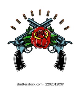 Armas cruzadas con rosas. Elemento de diseño para afiche, tarjeta, pancarta, emblema, signo. Ilustración del vector