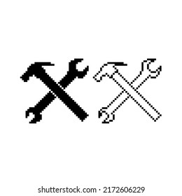 Crossed hamer and wrench vector icon set. Pixel art. 8 bit logo. eps10