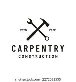 Crossed hammer logo design for vintage work carpentry tools.Logo for handyman, repair, construction.