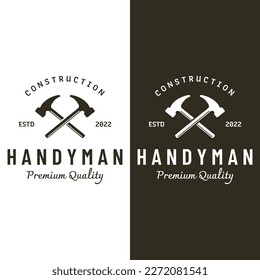 Crossed hammer logo design for vintage work carpentry tools.Logo for handyman, repair, construction.