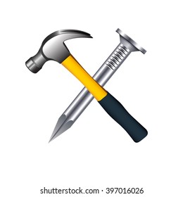 Crossed hammer and nail isolated on white background. Vector illustration.