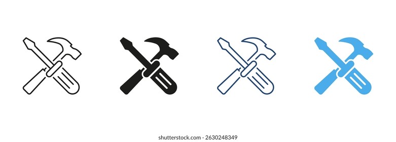 Crossed Hammer And Screwdriver Icon Set. Construction, Repair, And Maintenance Tools Outline And Silhouette Symbol Collection. Diy And Handyman Equipment. Isolated Vector Illustration.