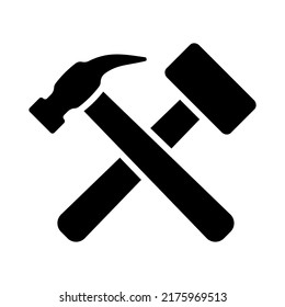 Hammer und Vorschlaghammer Symbol überquert. Schwarze Silhouette. Vorderseite. Vektorgrafik, einfache flache Grafik. Einziger Gegenstand auf weißem Hintergrund. Isolieren.