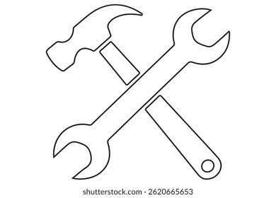 Crossed hammer and wrench continues line art vector illustration
