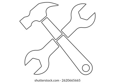 Crossed hammer and wrench continues line art vector illustration
