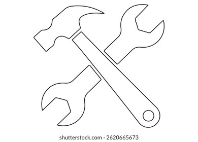 Crossed hammer and wrench continues line art vector illustration
