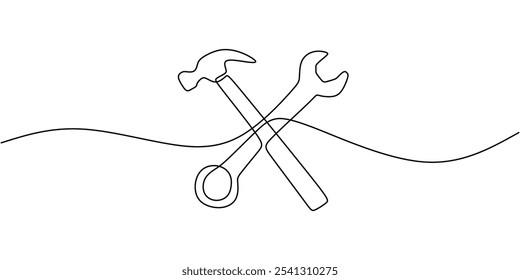 Martillo cruzado y llave inglesa. Dibujo continuo de una línea que representa el trabajo duro y el mantenimiento en ingeniería.