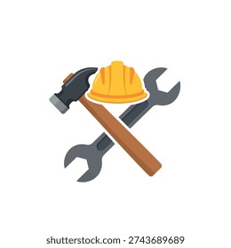 Crossed hammer and wrench with hardhat