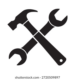 Martillo cruzado y herramientas de llave en un simple gráfico en blanco y negro