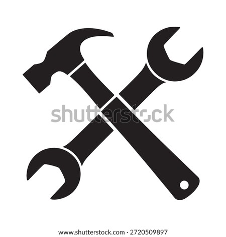 crossed hammer and wrench tools in a simple black and white graphic