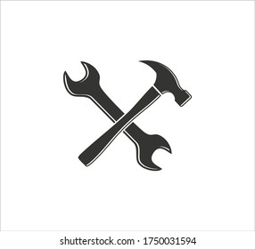 crossed hammer and wrench vector icon logo design template for machinery hardware and repair service business