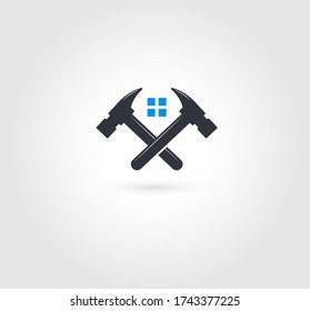 Crossed hammers logo. Home repairs emblem. Fixing, mending tools icon. Window installation,maintenance service.  Device settings sign. Labour force, work force vector illustration. 