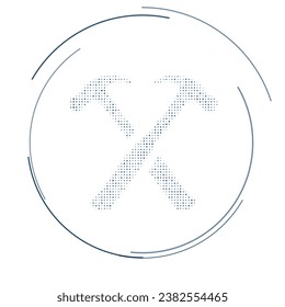 El símbolo de martillos cruzados está lleno de puntos azules oscuros. Estilo de puntillismo. Ilustración del vector sobre fondo blanco