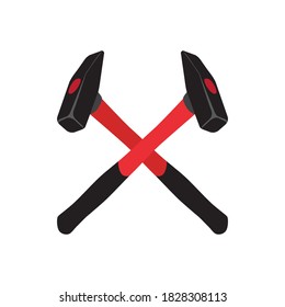 Crossed hammers symbol. Red crossed carpenter hammers. Black hammer with red handle, tool for repair, maintenance, carpentry and locksmith work. 3d objects isolated on white. Vector illustration.