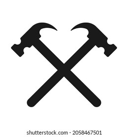 Crossed hammers vector icon. Sledge hammer symbol. Blacksmith tool sing. Industry and construction logo. Silhouette isolated on white background.